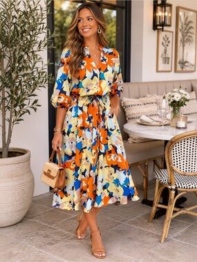 52seven Abstract Floral Print Midi Dress Button Front 3/4 Sleeve Drawstring 12